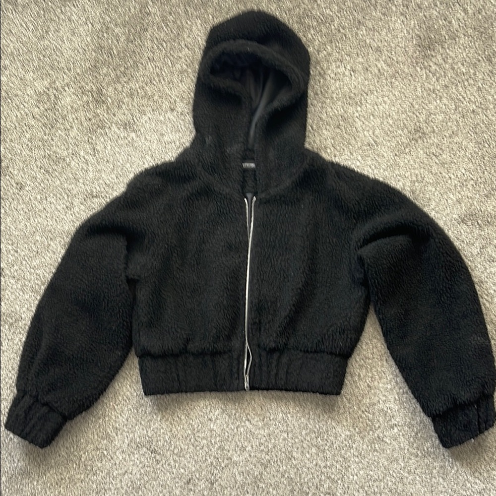 Kids Black Sherpa Hooded Zip Jacket